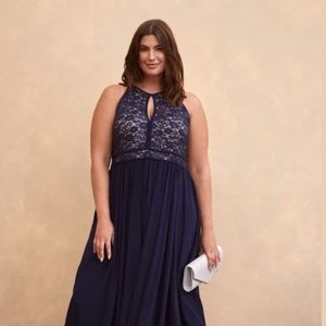 Laura Plus Lace and Sequin Navy Blue Maxi Floor Length Dress - Size 20